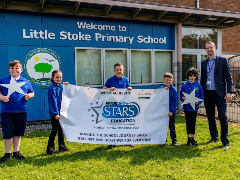 Chris Jelf, Deputy Head at Little Stoke Primary School, with some of his school pupils, celebrating their ‘outstanding’ accreditation