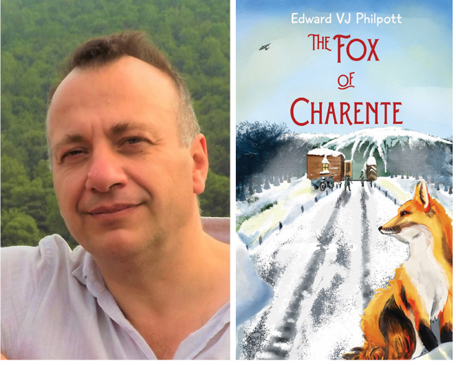 Author Edward VJ Philpott and the cover of his WW2 novel The Fox of Charente