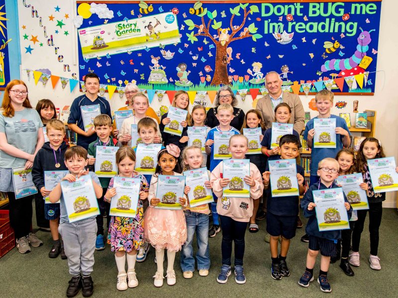 Councillor Katie Cooper and Councillor Sean Rhodes with some of the local children who completed this year’s Summer Reading Challenge