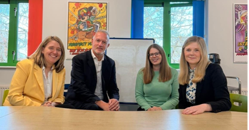 Schools Minister Georgia Gould, South Glos Council co-leader Ian Boulton, resident Christine Lote and local MP Claire Hazelgrove